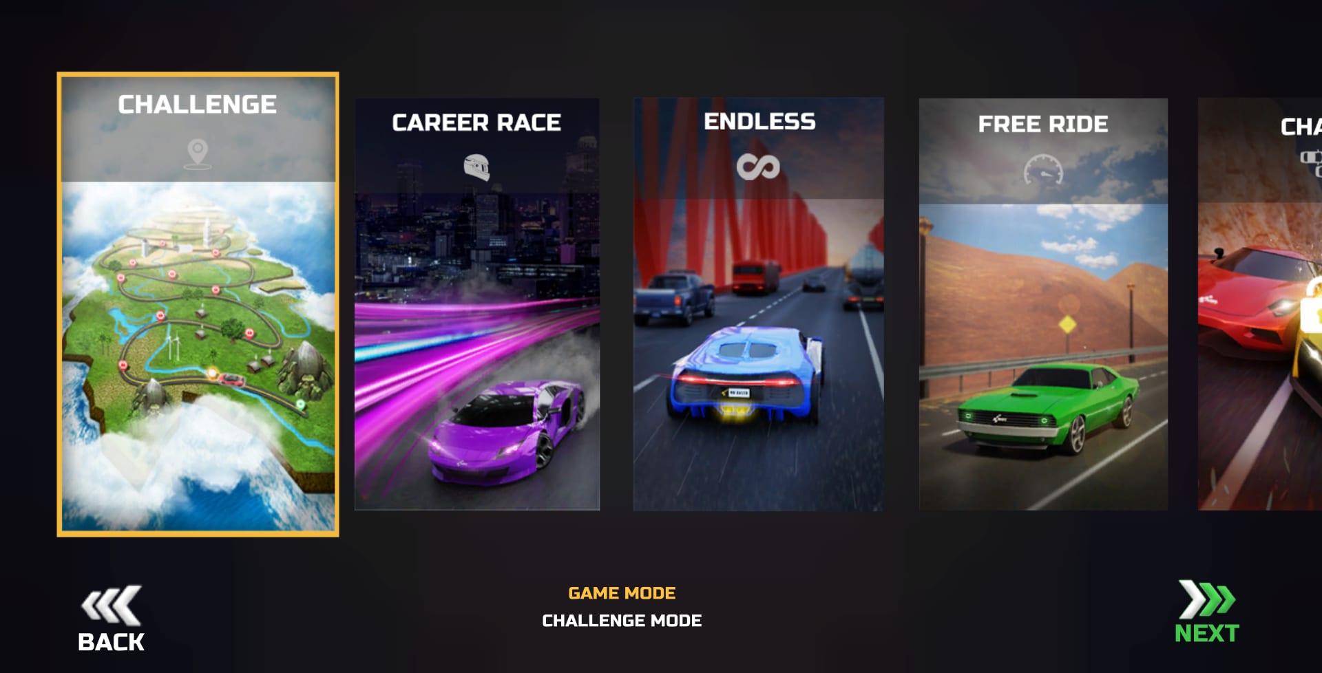 MR RACER — the game mode carousel: Challenge, Career Race, Endless and Free Ride