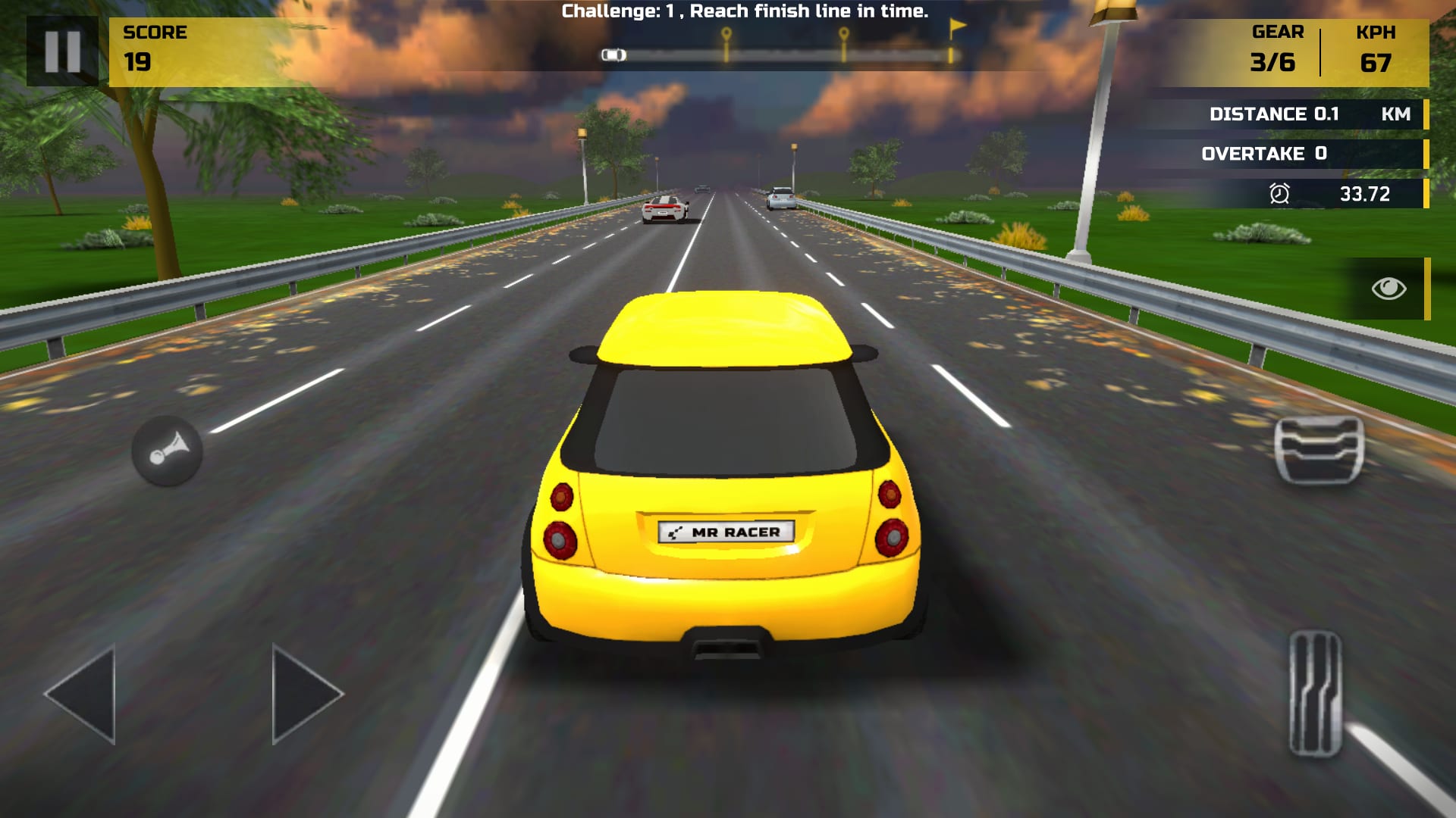 MR RACER gameplay — a challenge race starting on a sunset highway packed with traffic